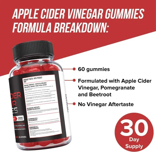 Miniatura 4 de ORPHIC NUTRITION Gomitas de vinagre de sidra de manzana de 1000 mg - ACV sin filtrar con vitamina B12, remolacha y granada (60 piezas)