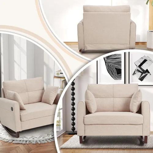 Miniatura 5 de HOMREST Mecedora tapizada para guardería con respaldo alto y bolsillo lateral, puerto USB, sillas mecedoras dobles anchas con patas de madera
