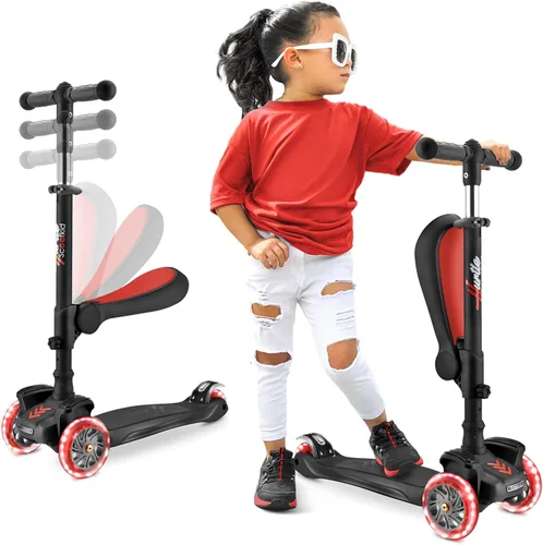 Miniatura 16 de Hurtle Patinete de 3 ruedas para niños, luces LED de ruedas, manubrio ajustable de inclinación para dirigir y asiento plegable, paseo sentado