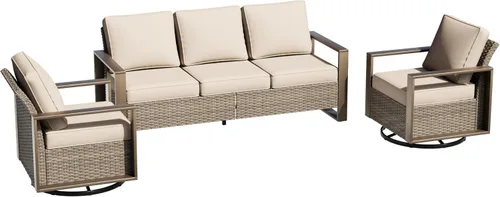 Miniatura 11 de Sofá de Mimbre Metálico para Patio de 75", Sofá Sillón de Ratán para Exteriores de 3 Asientos para Todo Tipo de Clima con Cojines Premium y Beige