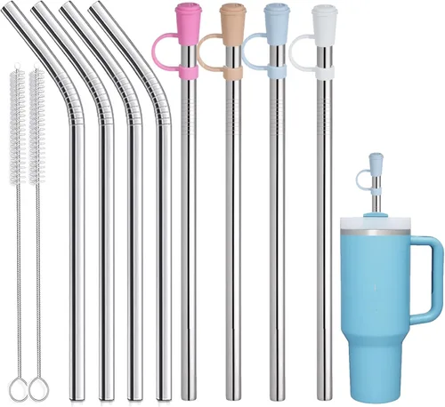 Miniatura 8 de 8 popotes de acero inoxidable compatibles con vasos Stanley Adveture Quencher de 40 onzas, popote de repuesto de 12 pulgadas con 8 fundas