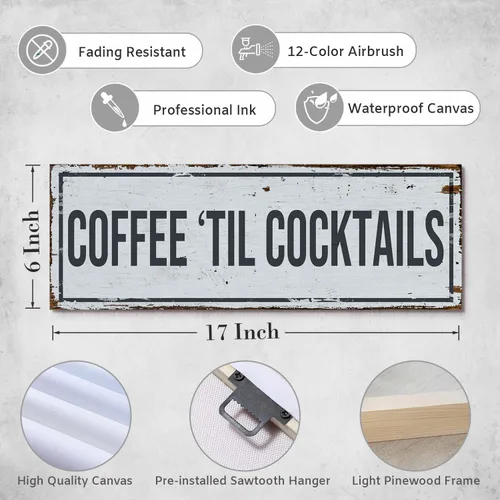 Miniatura 2 de Funny Coffee Signs for Kitchen Decor, Rustic Coffee Til Cocktails Canvas Wall Art for Home Bar Cart Station, 6x17" Framed