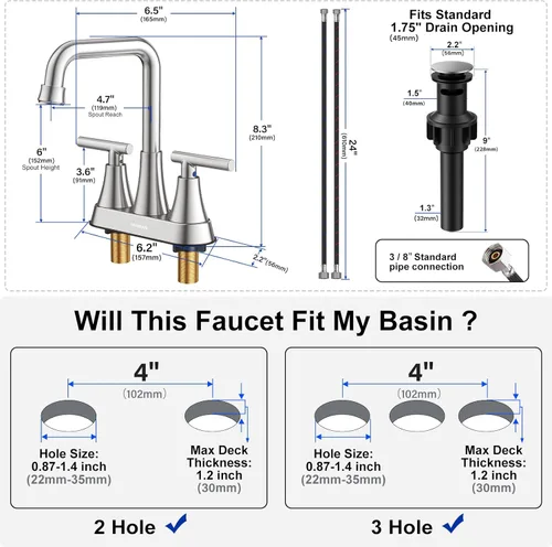 Miniatura 2 de Grifo para Lavabo de Baño, Hurran Grifos de Baño de Níquel Cepillado de 4 Pulgadas para Lavabo de 3 Agujeros con Desagüe Pop-up y Líneas