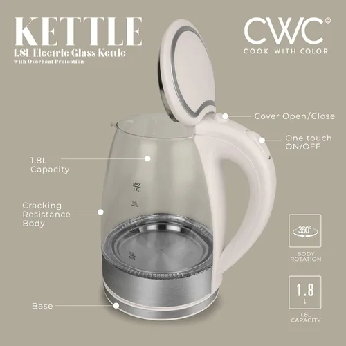 Miniatura 3 de COOK WITH COLOR Hervidor de té eléctrico, caldera de agua caliente inalámbrica de 1.8 L, hervidor rápido de 1200 W, apagado automático y protección