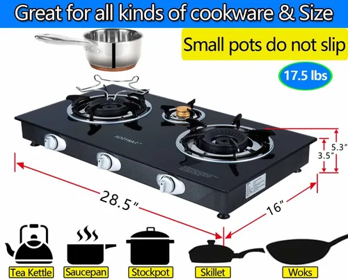 Miniatura 4 de Horynar Estufa de propano de 3 quemadores, quemador de propano, encendido automático, estufa Gsa de 28,000 BTU, vidrio grueso de alta temperatura
