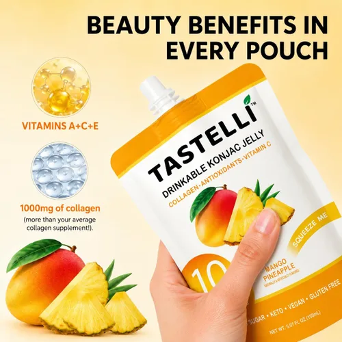 Miniatura 5 de Tastelli Gelatina Konjac de mango y piña con 1000 mg de colágeno y vitamina C, sin azúcar, sin gluten, baja en calorías, aperitivo de frutas