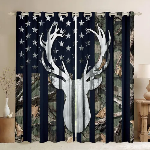 Miniatura 35 de Cortinas opacas de camuflaje con bandera estadounidense, regalo para niños, cortina de ventana de camuflaje verde con rayas negras, estrellas