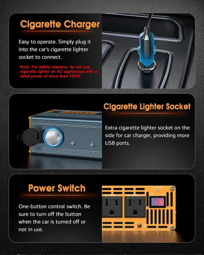 Miniatura 4 de Inversor de corriente de 300 W DC 12 V a 110 V Adaptador de CA con dos salidas de CA/2 puertos USB PD30W USB-C/2 QC18W/1 toma de encendedor