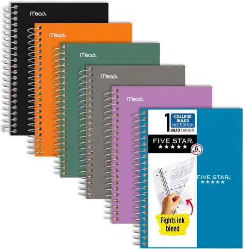 Five Star Cuadernos en espiral, paquete de 6, 1 materia, papel rayado universitario, 7 x 4-3/8 pulgadas, tamaño personal, 80 hojas, morado, naranja,