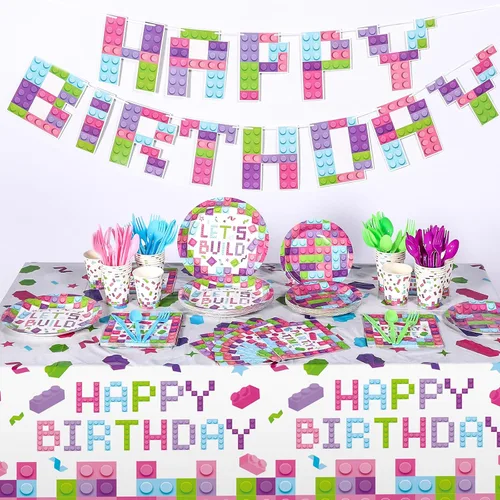 Miniatura 4 de Gejoy 96 piezas de suministros para fiesta de cumpleaños de bloques de construcción, incluye platos de fiesta de ladrillo de 7 pulgadas y 9