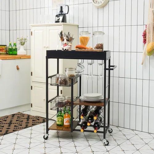 Miniatura 2 de Giantex Carrito de isla de cocina con ruedas, carrito de servicio de bar móvil, con bandeja superior extraíble, estante para vino, soporte