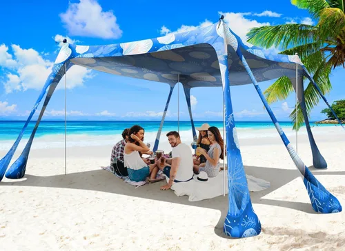 Miniatura 14 de Tienda de campaña de playa, toldo de playa de 10 x 10 pies, toldo de playa fácil de desplegar portátil UPF50+ con 8 sacos de arena, 2 palas