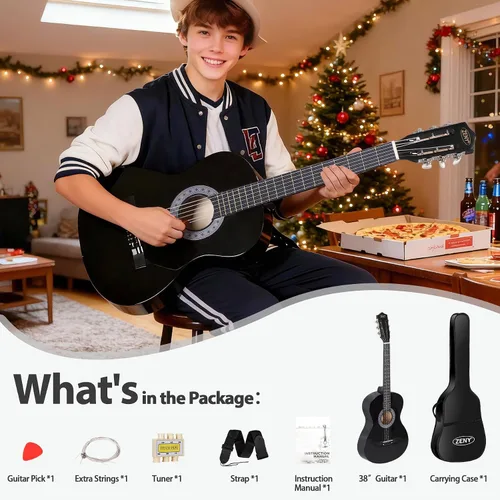 Miniatura 6 de Zeny Nueva Guitarra Acústica de 38 pulgadas para principiantes con funda para guitarra, correa, afinador y púa, Negro
