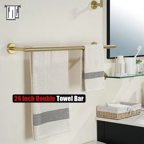 Miniatura 5 de JQK Barra de Toalla Doble de 27 Pulgadas, Latón Dorado Longitud Útil de 24 Pulgadas, Soporte de Toalla de Baño de Acero Inoxidable 304 Grueso de Oro