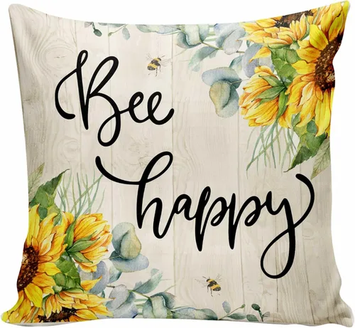 Bee Happy - Funda de almohada de girasol de 18 x 18 pulgadas, fundas de almohada decorativas para primavera y verano con miel de abeja dulce