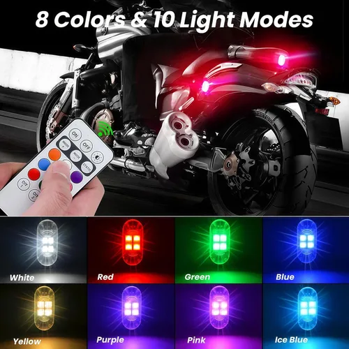 Miniatura 2 de 8 luces estroboscópicas LED inalámbricas con control remoto, RGB 8 colores multifunción, carga USB, impermeable, anticolisión, advertencia trasera