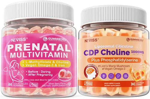 NEVISS Vitaminas prenatales para mujeres, gomitas multivitamínicas con metilfolato de 1 mg, colina omega-3 (DHA+EPA) hierro + citicolina 1000 mg,