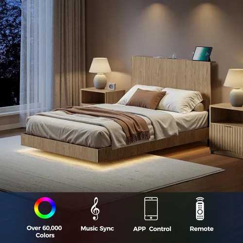 Miniatura 4 de Evermagin Base de cama flotante de tamaño matrimonial con cabecero, cama de plataforma acanalada bohemia con luces LED, marco de cama flotante