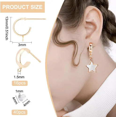 Miniatura 2 de BENECREAT 16 piezas de aretes chapados en oro de 18 quilates, gancho de latón con bucles verticales, 40 tuercas de plástico para joyería de madre
