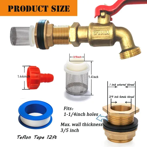 Miniatura 2 de Espiga de barril de lluvia, kit de grifo de latón para barril de agua de lluvia, tanques de agua, bañeras, piscinas, etc., válvula de bola giratoria