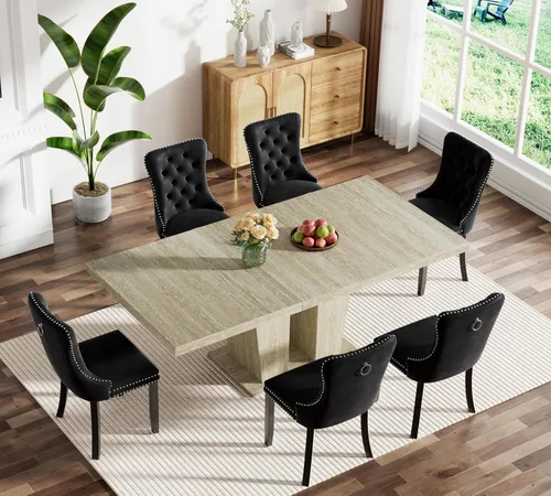 Miniatura 27 de Juego de mesa de comedor extensible marrón de 63 a 78.74 pulgadas para 4, juego de mesa de comedor de 5 piezas con 4 sillas, mesa de cocina
