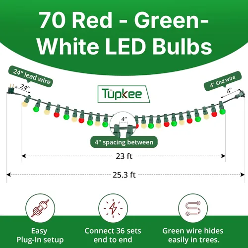 Miniatura 5 de Juego de mini luces de globo de cristal perlado, 70 bombillas LED G15 rojas, verdes y blancas cálidas, para interiores y exteriores, 25.3 pies