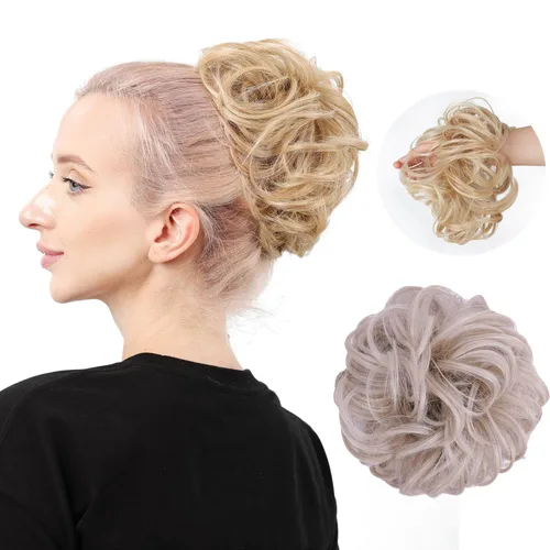 Miniatura 13 de Moño de cabello despeinado castaño, moños desordenados falsos sintéticos, moño rizado, moño recogido y moño, extensiones de cabello envolvente
