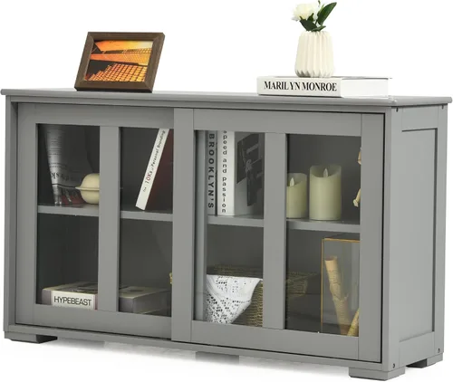 Miniatura 9 de LOKO Armario apilable para bufé, armario de almacenamiento de cocina con puertas corredizas de vidrio templado, pequeño aparador para cocina, Negro