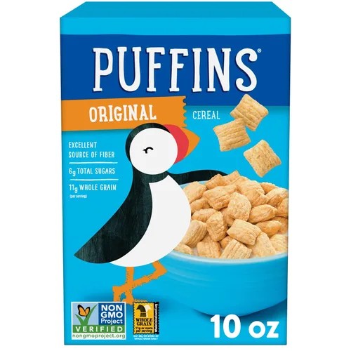 Cereal Puffins Original, Cereal Inflado para Niños con Maíz y Avena, Vegano, Kosher, Proyecto Verificado Sin OGM, Caja de 10 OZ
