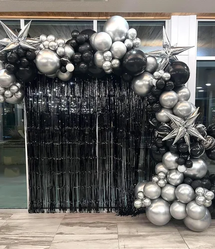 Miniatura 7 de Kit de arco de guirnalda de globos negros y plateados de 153 unidades con estrellas - 22 18 12 10 5 pulgadas de diferentes tamaños, globos de látex