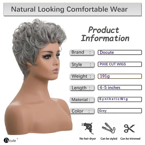 Miniatura 2 de DOcute Peluca gris para personas negras, corte pixie con flequillo, peluca rizada corta para mujeres negras, peluca rizada esponjosa para mujeres