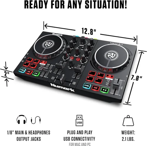 Miniatura 6 de Numark Party Mix II Controlador DJ con luces, 2 cubiertas, mezclador, interfaz de audio y Serato Lite