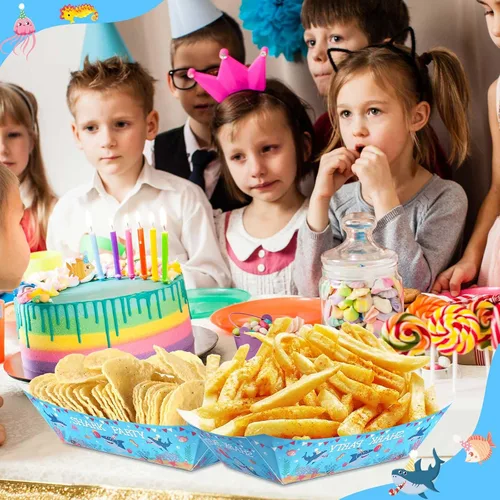 Miniatura 5 de Gejoy Juego de 100 piezas de suministros de fiesta de tiburón, papel desechable, aperitivos, decoraciones de cumpleaños, bandejas para servir comida