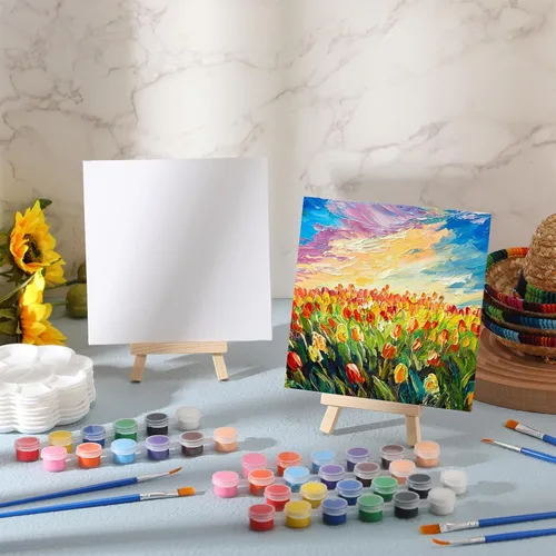 Miniatura 3 de Qilery Juego de 12 piezas de pintura en lienzo, mini lienzo con caballetes de madera, tiras de pinturas acrílicas, pinceles, paleta, juego de arte