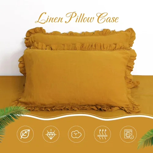 Miniatura 5 de Juego de 2 fundas de almohada de lino con volantes, 100% lino natural francés, fundas de almohada decorativas bohemias con volantes, tamaño King
