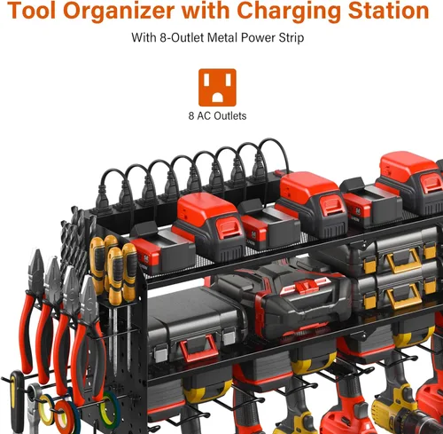 Miniatura 2 de JUNNUJ Organizador de herramientas eléctricas grande con tablero de clavijas y estación de carga, soporte de pared con 8 tomas de corriente