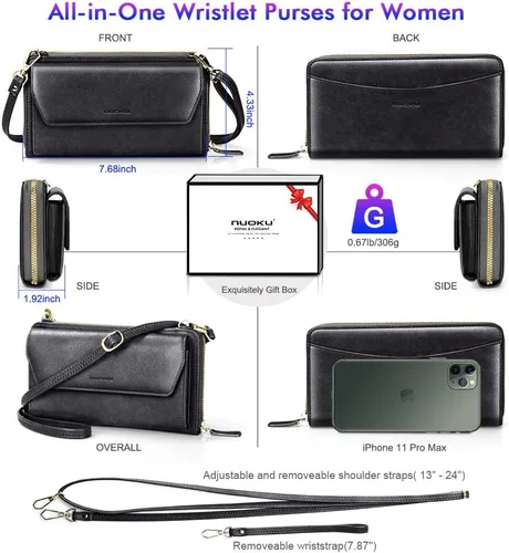 Miniatura 4 de nuoku Cartera RFID para mujer, bolso cruzado con cremallera alrededor de 2 correas
