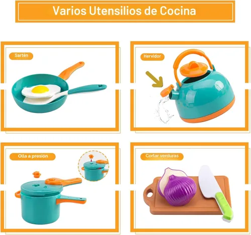 Miniatura 6 de 200 piezas de accesorios mini para cocina de juego para niños, juego de cocina de simulación con utensilios de cocina, vajilla y 2 juegos de frutas