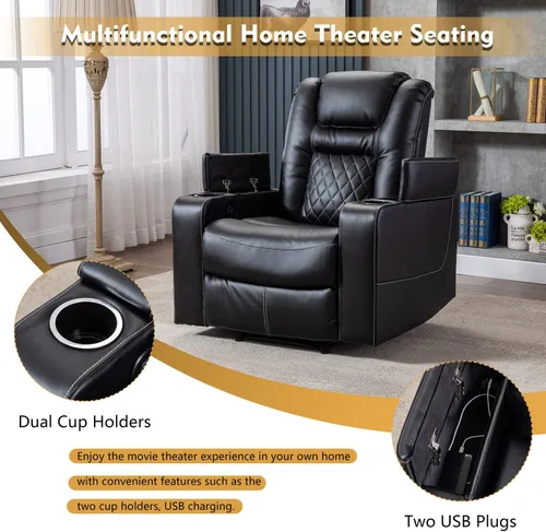 Miniatura 4 de CANMOV Silla reclinable eléctrica con puertos USB y portavasos, asiento de cine en casa de cuero transpirable con almacenamiento oculto en el brazo