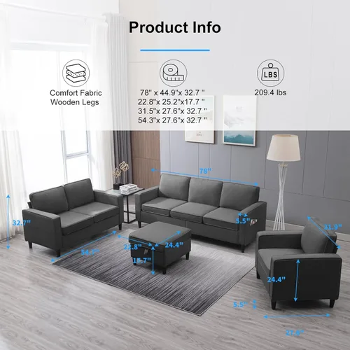 PUREMIND Juego de 3 sofás de sala de estar, moderno sofá de 3 plazas con otomana, sofá biplaza y sillón, tela de lino en forma de L, juego de 3 para