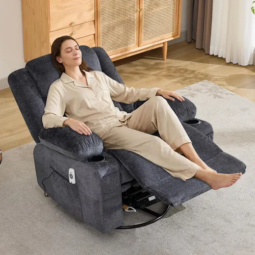 Miniatura 7 de Silla reclinable giratoria para adultos, reclinable de gran tamaño con masaje y calor lumbar, mecedora con bolsillo lateral, 2 portavasos para sala