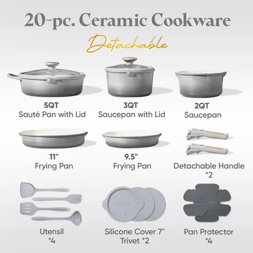 Miniatura 2 de CAROTE Juego de utensilios de cocina de titanio de 17 piezas, juego de ollas y sartenes antiadherentes, juego de cocina de cocina con mango Gris
