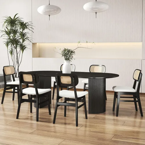 Miniatura 17 de ROCITY Juego de 4 sillas de comedor de ratán, sillas de comedor de lana de cordero blanca, sillas de cocina de madera natural, sillas de granja