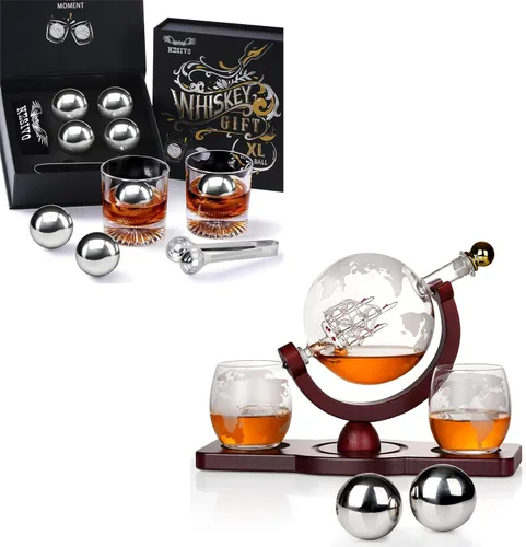 Juego de decantador de whisky con 2 piedras de bola y 2 vasos de whisky reutilizables de 2.165 in, regalos de bourbon para hombres, piedras de hielo