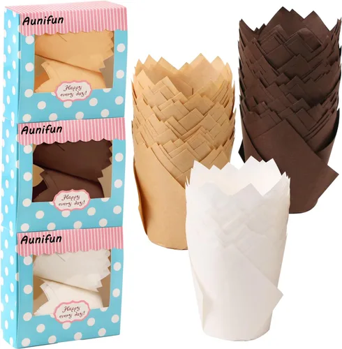 180 piezas de papel para hornear tulipanes para cupcakes, muffins, forros para panecillos en 3 colores, blanco, natural, marrón
