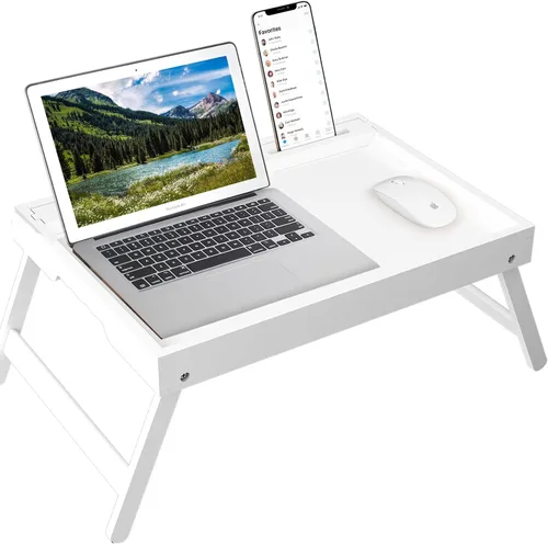 Miniatura 9 de Bandeja para la cama con asas y patas plegables, bandeja de desayuno de bambú con ranura para medios, uso como plato, escritorio para laptop, Negro