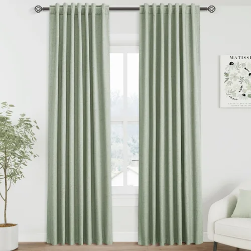 Miniatura 38 de Cortinas de lino 100% opacas para dormitorio, 102 pulgadas de largo, con pestaña trasera, bolsillo para barra, paneles acústicos con aislamiento