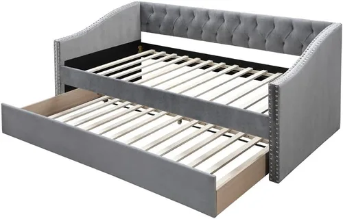 Miniatura 3 de Cama de día tapizada de terciopelo con ribete de clavos, color gris