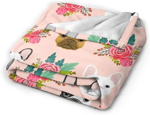 Miniatura 3 de Bonita manta de bulldog francés con diseño floral, suave y acogedora, manta de franela ligera y cálida de felpa para sofá, camping, oficina, viajes