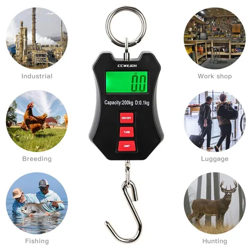Miniatura 5 de 440 libras/200 kg Escala de grúa digital - Escala compacta LCD portátil para colgar para garaje, granja, caza, pesca y más (200 kg/Negro)